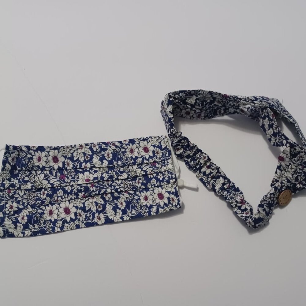 Floral Face Mask & Headband Set with Button Ear Loops, Non-Medical